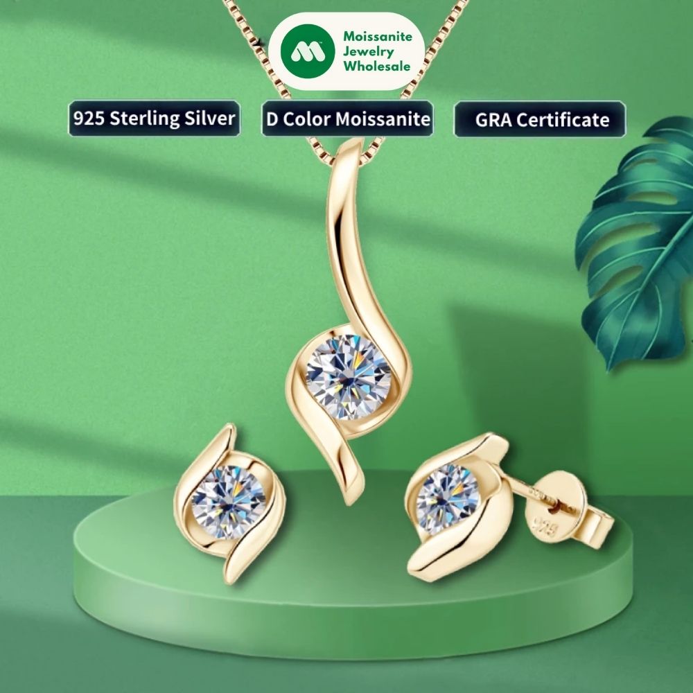 Gold Plated Silver 925 Real Moissanite Jewelry Set – 2.0ctw D Color Lab Diamond Earrings & Necklace Women Gift