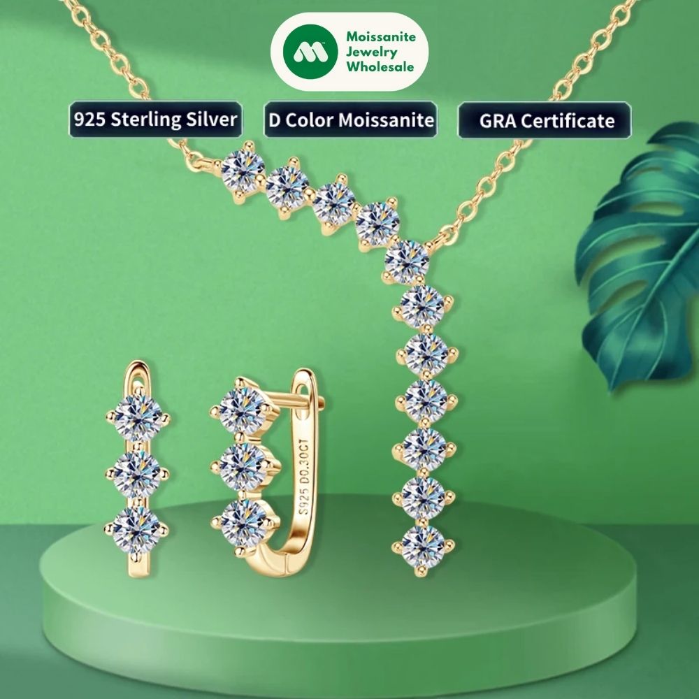 Luxury 1.7cttw Moissanite Diamond Jewelry Sets 925 Sterling Silver Necklace Hoop Earrings for Women Wedding Party Jewelry