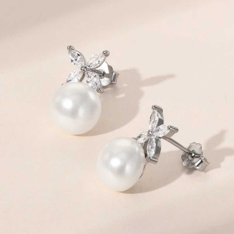 Original 925 Sterling Silver Four-leaf Clover Cubic Zircon With 8mm Bread Bead Pearl Stud Earrings for Women Girls Gift