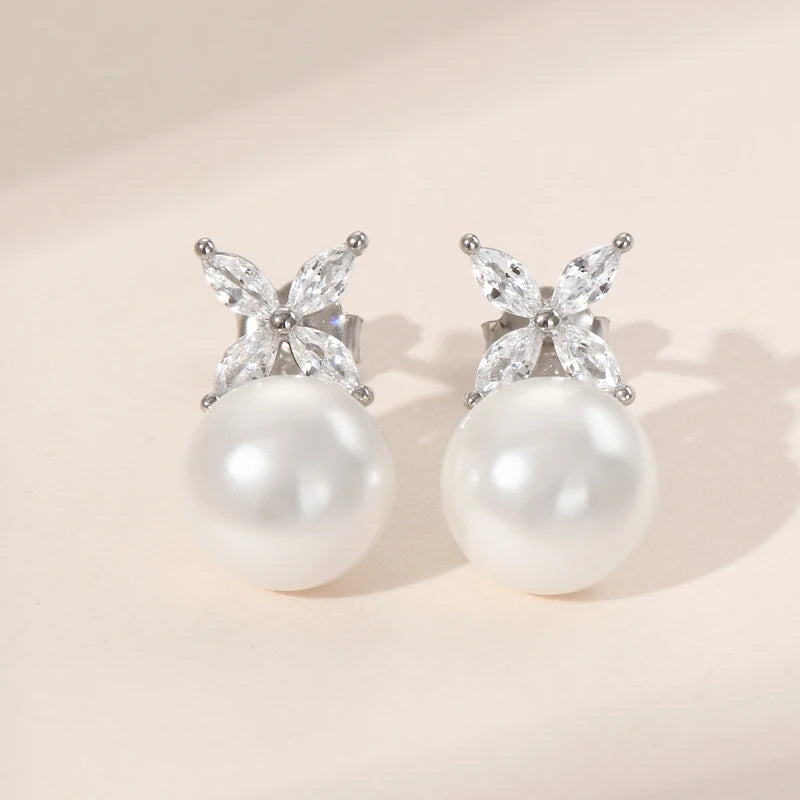 Original 925 Sterling Silver Four-leaf Clover Cubic Zircon With 8mm Bread Bead Pearl Stud Earrings for Women Girls Gift
