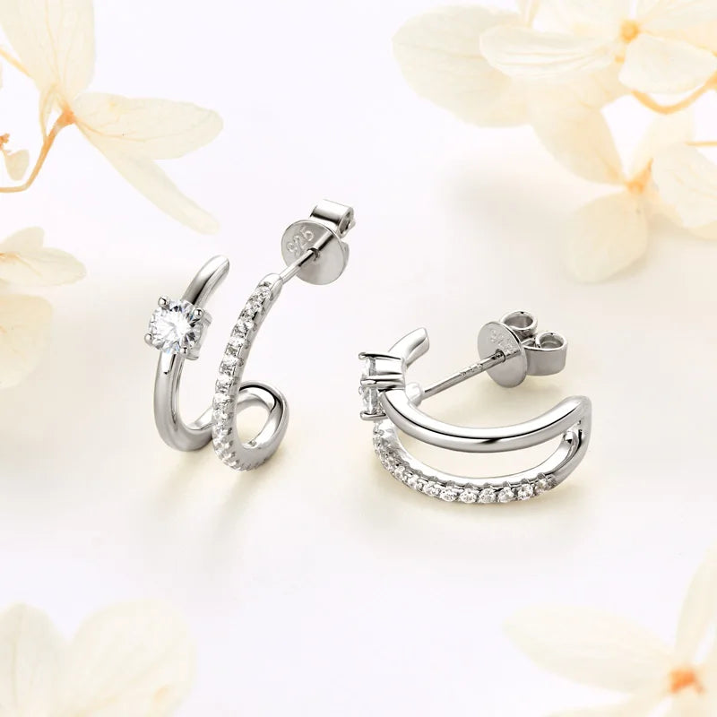NEW 4mm Moissanite Piercing Stud Ear Cuffs 925 Sterling Silver Double Side Hoop Earrings for Women Illusion Jewelry Gifts