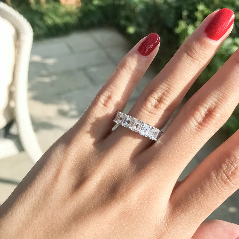925 Sterling Silver Emerald Cut Full Eternity Ring for Women Sona Simulated Diamond Engagement Wedding Band Ring