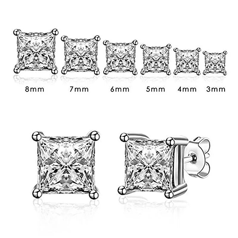 Square 925 Silver Stud Earrings For Women Men Zirconia Diamond Earring Wedding Engagement Bridal Jewelry Certified Gifts