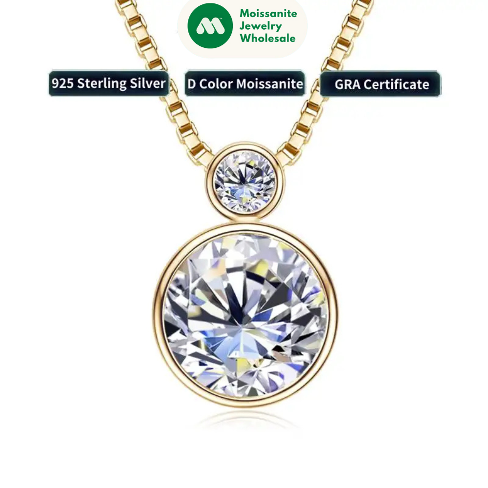 100% 925 Sterling Silver Necklace D2.10CT 8mm&3mm Bezel Setting Round Cut Moissanite Pendant Necklaces for Women S925 Box Chain