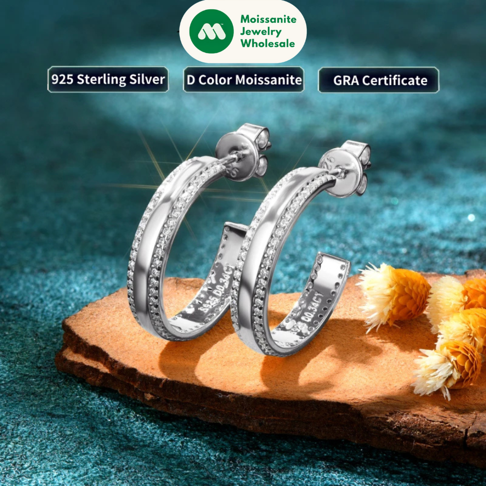 C Shape Open Circle Stud Earrings Moissanite Hoop Drop Piercing Earrings 925 Sterling Silver Women's Anniversary Jewelry