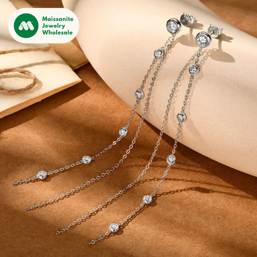 925 Silver 5mm 3mm Moissanite Earrings 10-11.5cm Long Tassel Double Chains Drop Earring for Women Valentine Jewelry Gifts