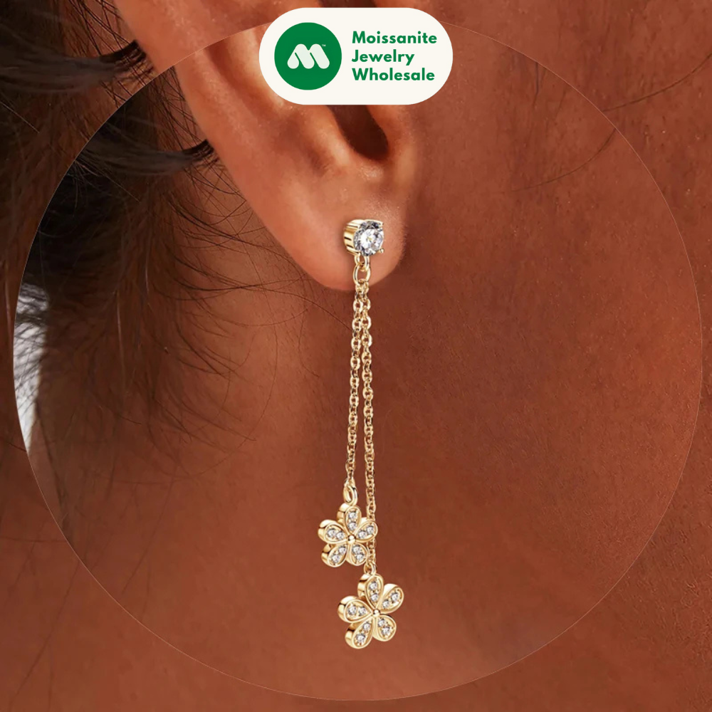 4mm D Moissanite Drop Earrings for Women S925 Silver Chain Star Flowers Pendant Stud Earrings Daily Wear Wedding Jewelry