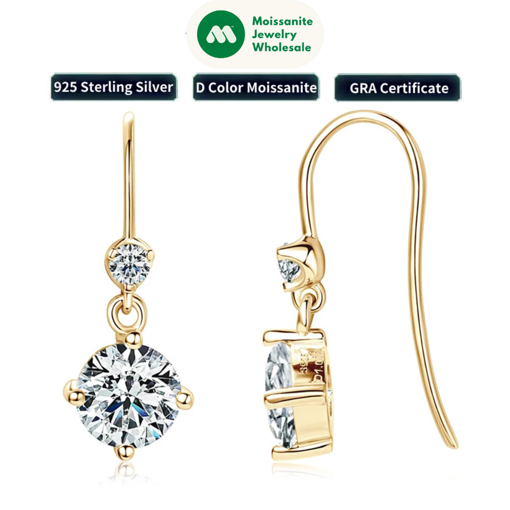 Hook Earrings Real 925 Silver 6.5mm 1ct Round Moissanite Drop Dangle Earring GRA Certified Wedding Jewelry for Women Gift