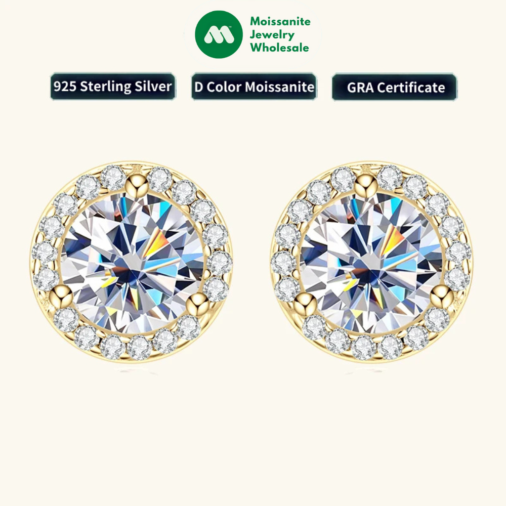 Classic 2CT 1CT 0.5CT D Moissanite Round Stud Earrings for Women Men 925 Silver 3 Claw Sparking Lab Diamond Certified Fine Jewel