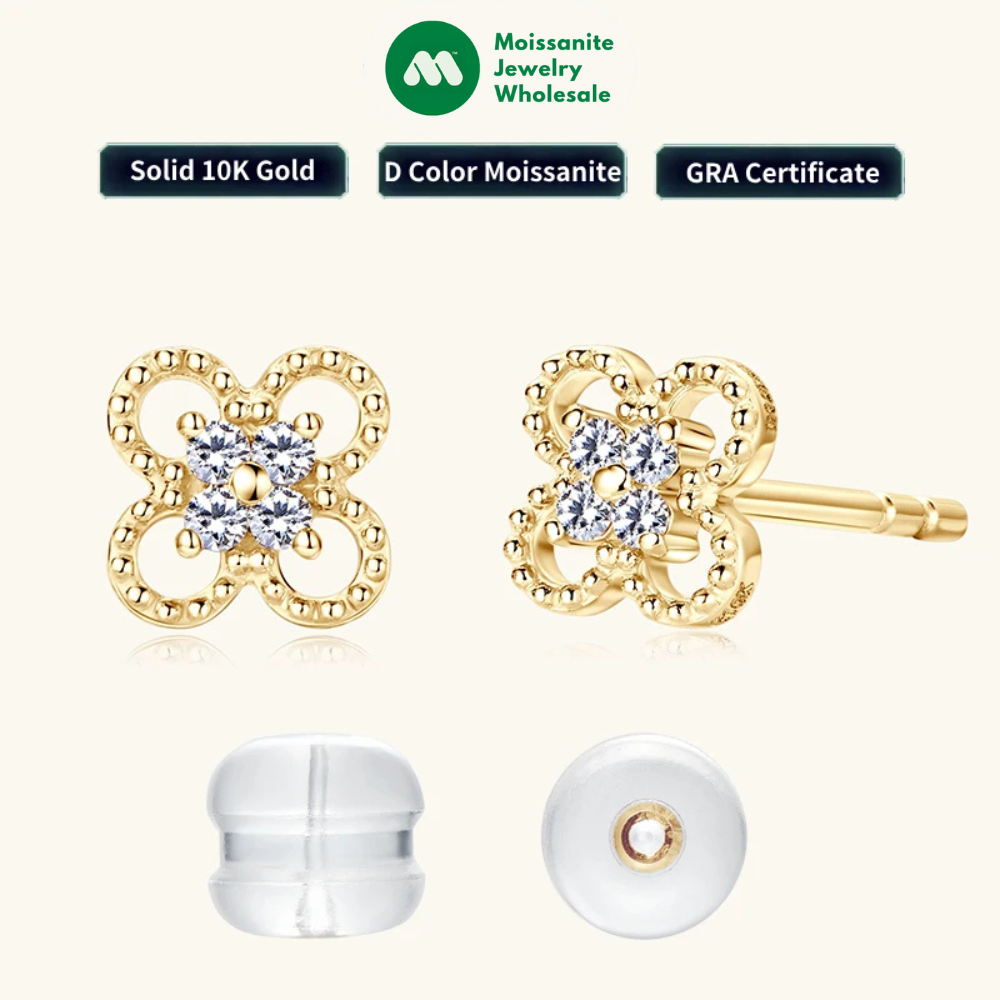 2025 New Solid 10K Gold Clover Flower Moissanite Studs Earrings Mini Piercing Ear Earrings GRA Certified Jewelry for Women Gift