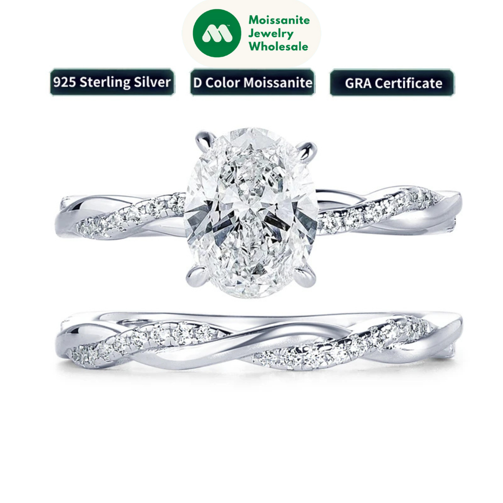 Original 925 Sterling Sliver Bridal Ring Set 2.0 Carat Oval Moissanite Engagement Wedding Promise Bands Jewelry for Women