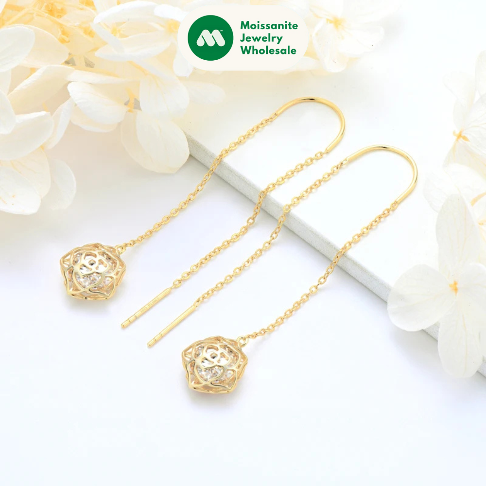 Elegant Drop Ear Line Long Hanging Tassel Earrings for Women 925 Sterling Silver Rose Flower Certified Moissanite Jewelry