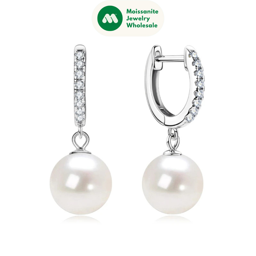 Genuine 925 Sterling Silver Moissanite Hoop Earrings 9-10mm Freshwater Pearl Drop Earring Wedding Jewelry for Women Gifts