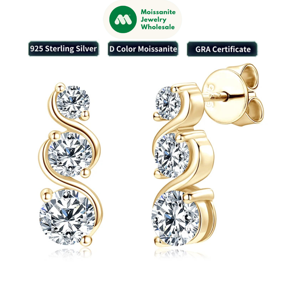 18K Gold Plated 1.80CTTW. VVS1 Round Moissanite Drop Earrings Studs Real 925 Silver for Women Wedding Party Gift 2024 New
