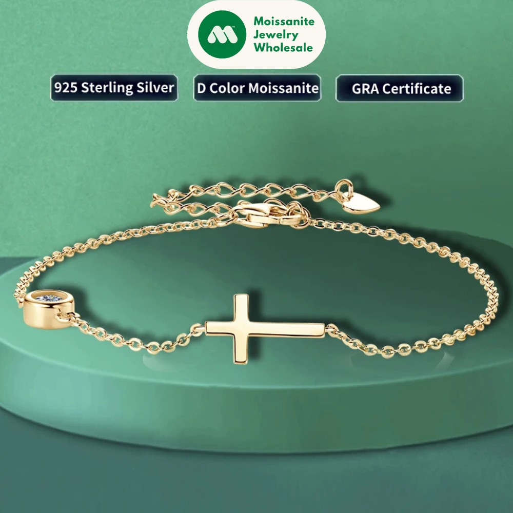 100% 925 Sterling Silver Cross Bracelet with 4mm Bezel Moissanite Diamond for Women Men Fine Jewelry Gift Adjustable Chain