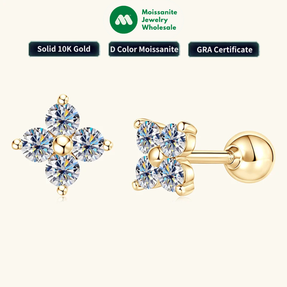 Solid Gold 10K Clover Flower 2.5mm Moissanite Earrings Studs for Women GRA Certified Gold Jewelry Charm Piercing Earrings