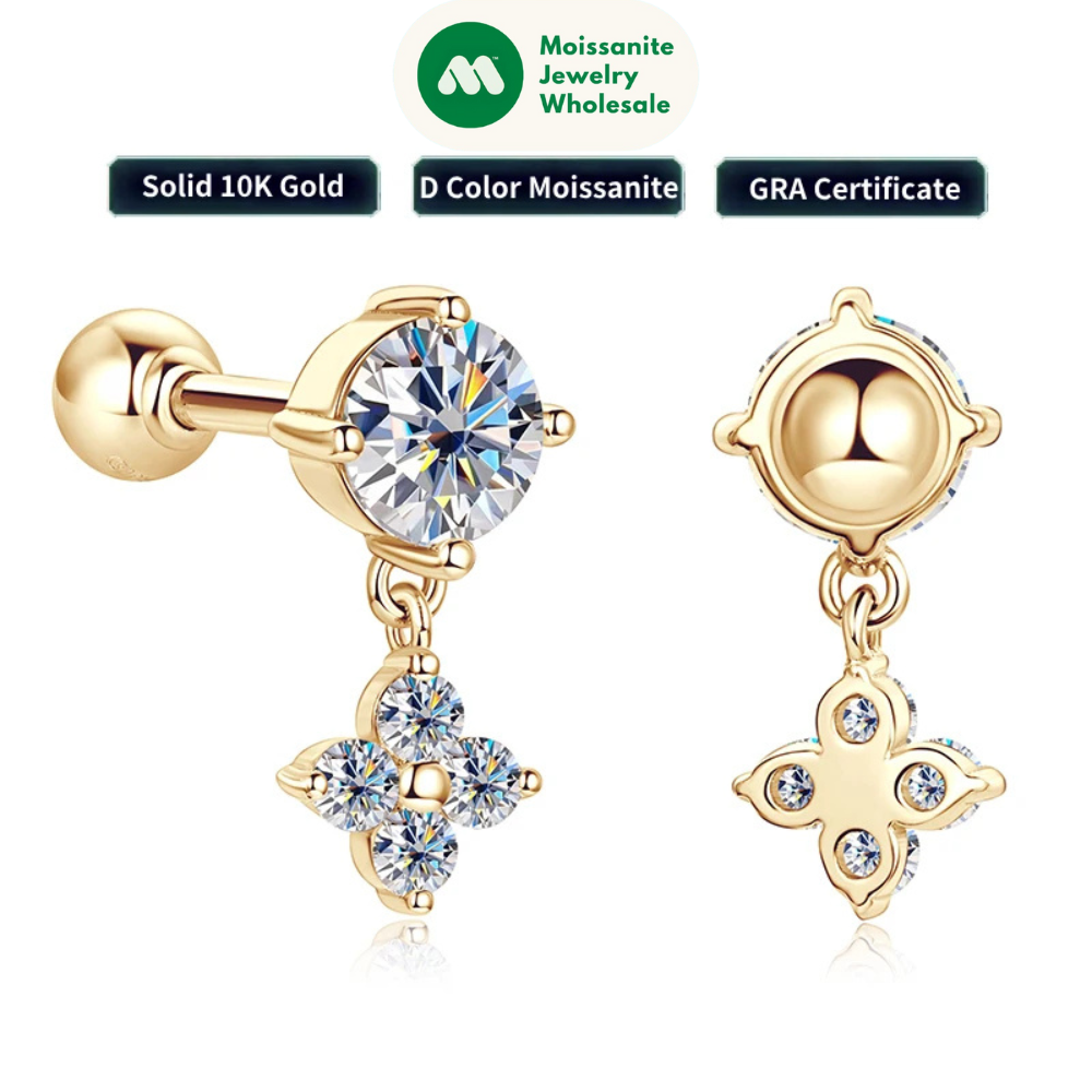 Pure Gold Earrings Lucky Clover Flower Moissanite Drop Stud Earrings 10K for Women Charm Wedding Jewelry & GRA Certificate