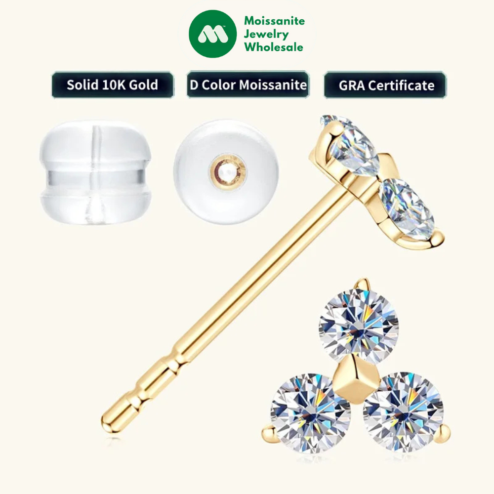 10K Solid Gold Moissanite Studs Earrings 3-Stones Mini Piercing Earrings for Women Wedding GRA Certified Fine Gold Jewelry Gifts