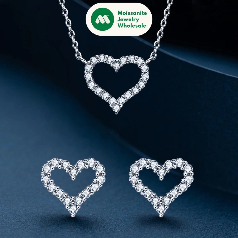 D Color Moissanite Love Heart Jewelry Sets for Women 925 Silver Stud Earrings Pendant Necklace 2 In 1 Set Anniversary Gift