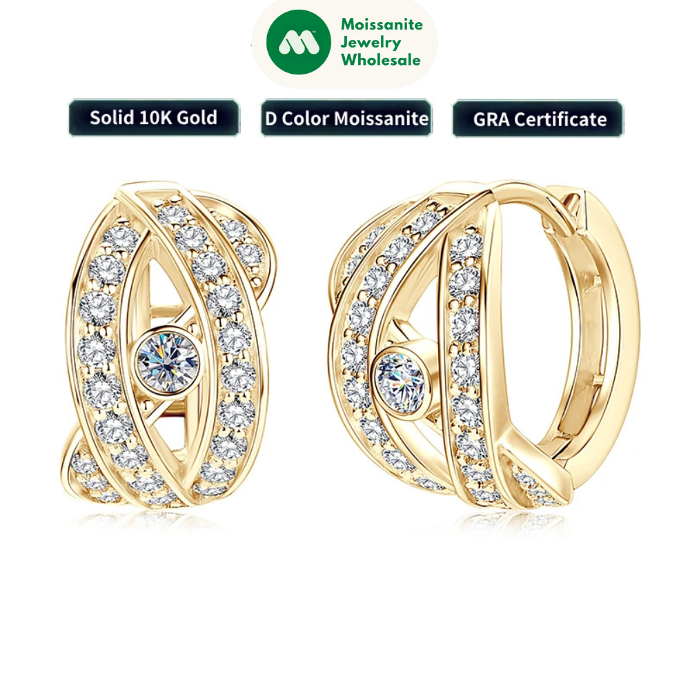 Real Gold 10K Moissanite Clip Earrings Luxury Eye in the Sky Design Earrings Small Hoops Huggie for Women Jewelry GRA Certified