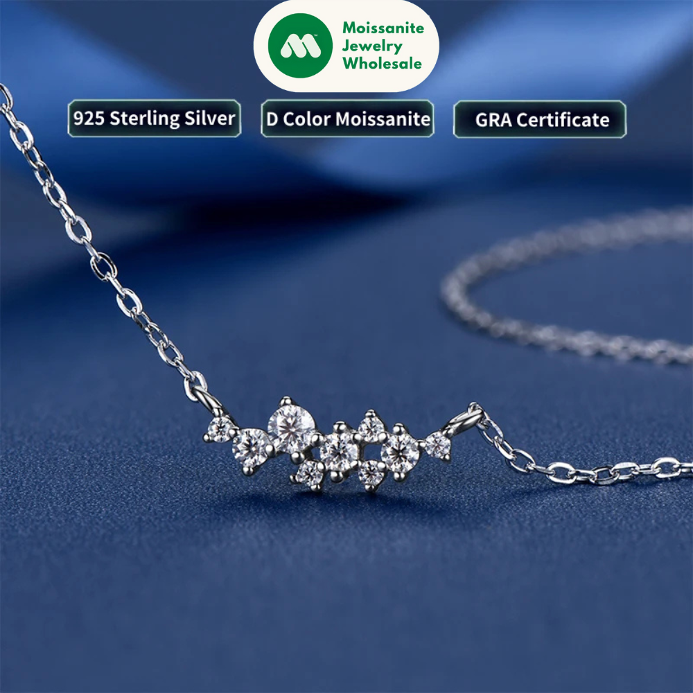Original Silver 925 Chain One-line shape Pendant Unique Cluster Layering Real Moissanite Necklace for Women Fine Jewelry