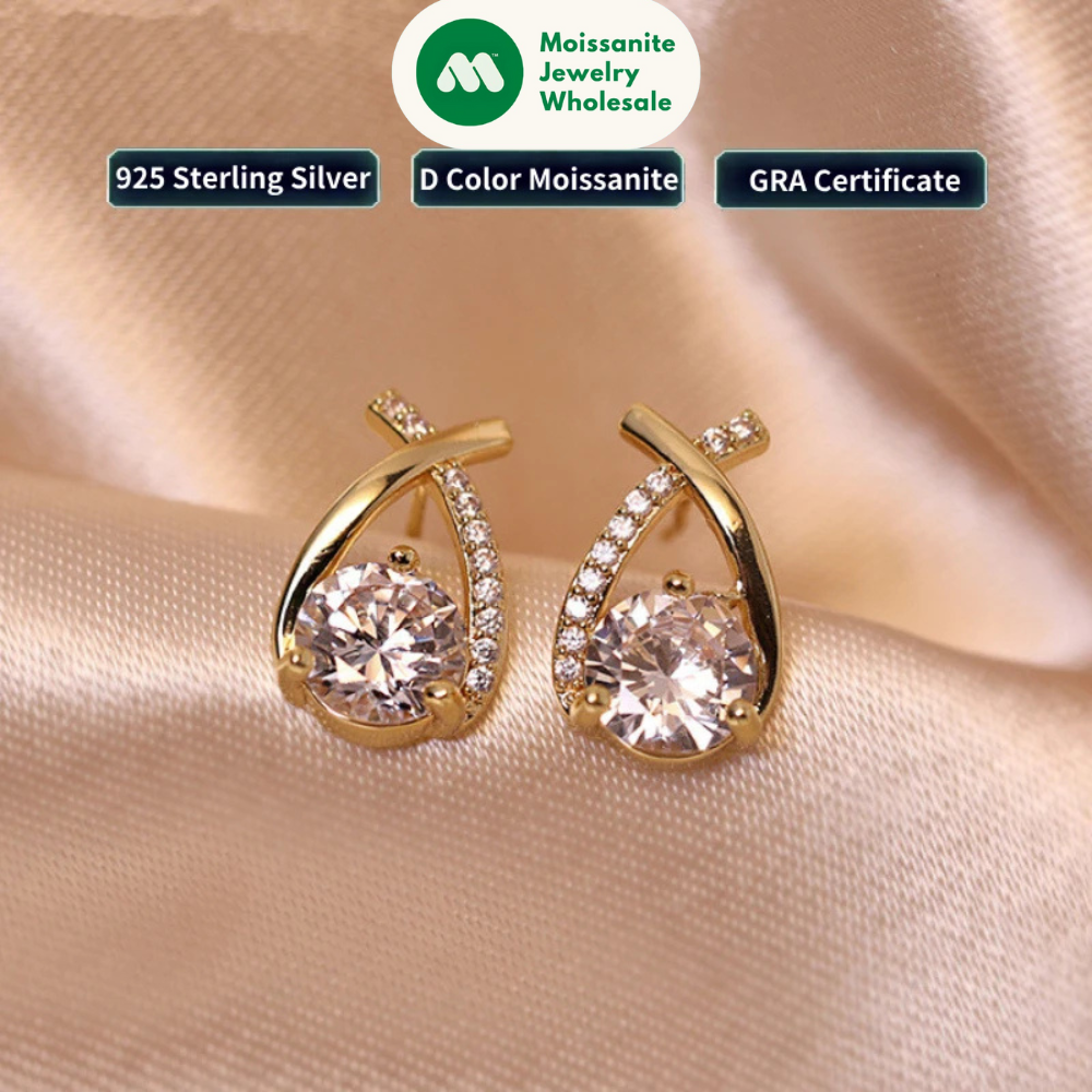 Real 925 Silver Stud Earrings 0.5ct Moissanite Drop Fishtail Cross Piercing Ear Earring 2023 Korean Trendy Women's Jewelry