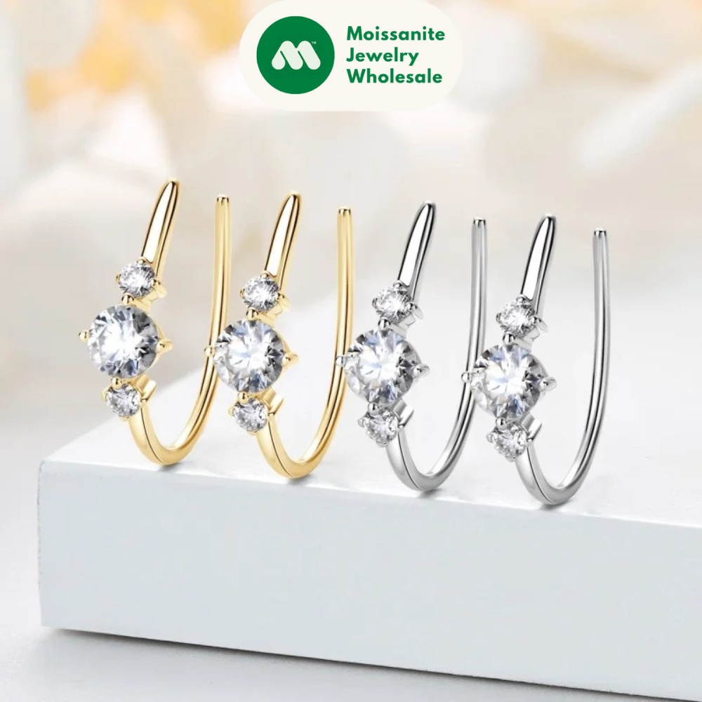 U shaped 3 Stone D0.72CT Moissanite Earrings Silver 925 Piercing Open Hoop Earrings for Women Certified Wedding Jewelry