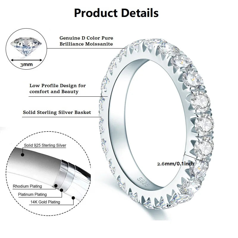 3mm D Moissanite Full Eternity Thin Bands Stackable Engagement Wedding Ring White Gold Silver 925 for Women Jewelry Gifts