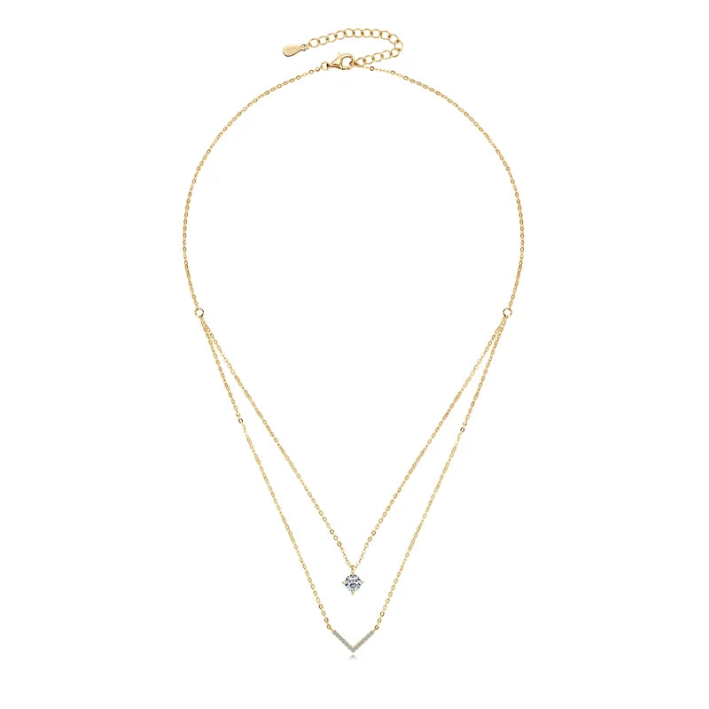 V Letter 5mm Moissanite Pendant Double Layer Necklace for Women 925 Sterling Silver Chain Clavicle 2025 New Jewelry Gifts