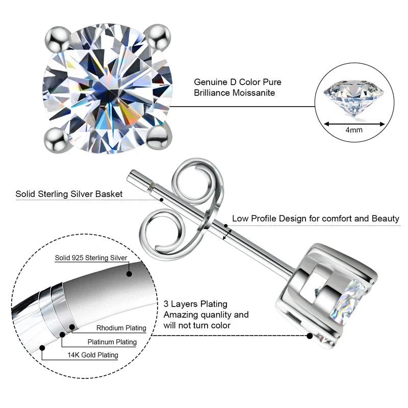 Sparkle Real Moissanite Black Stud Earrings Diamond 925 Silver Gold Ear Piercing Jewelry for Women Men Gifts 3mm/4mm/5mm