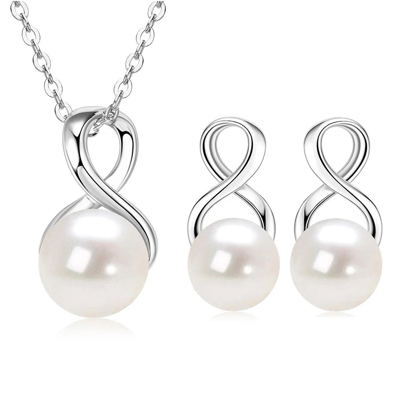 925 Silver Pearl Jewelry Set Natural Freshwater Pearl Bread-shaped Infinity Pendant Necklace Earrings Sets for Women Gifts