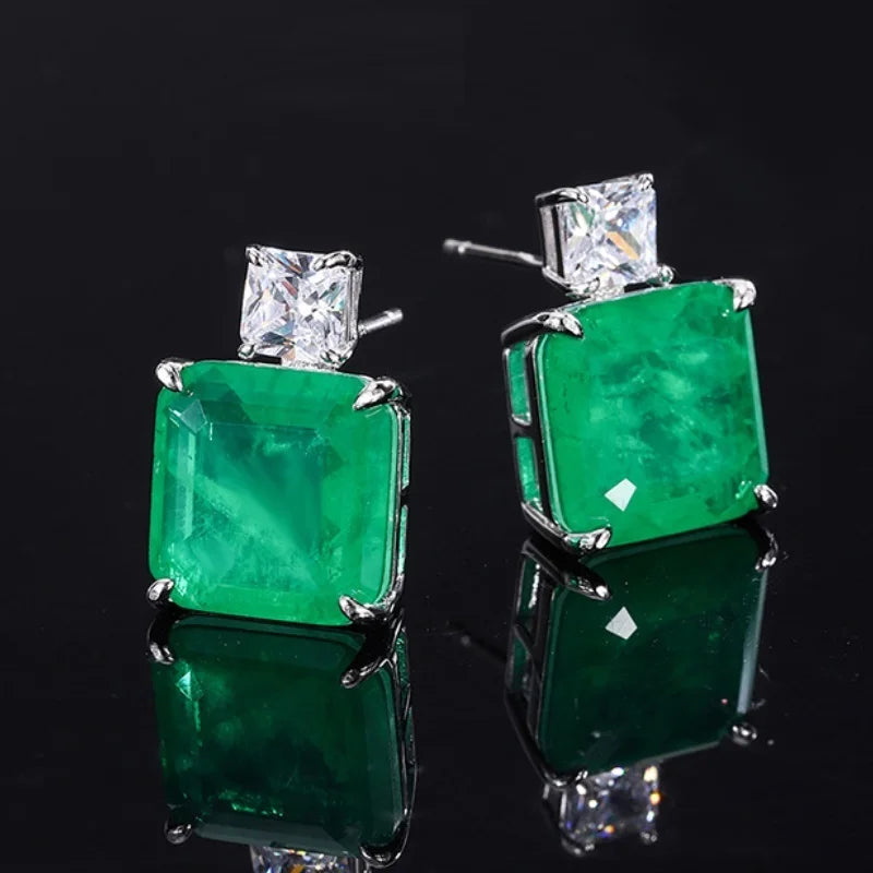 Vintage Simulated Emerald Square Stud Earrings 10*10mm Gemstone Pendant Necklace Silver 925 Plated Copper Women's Jewelry Gift