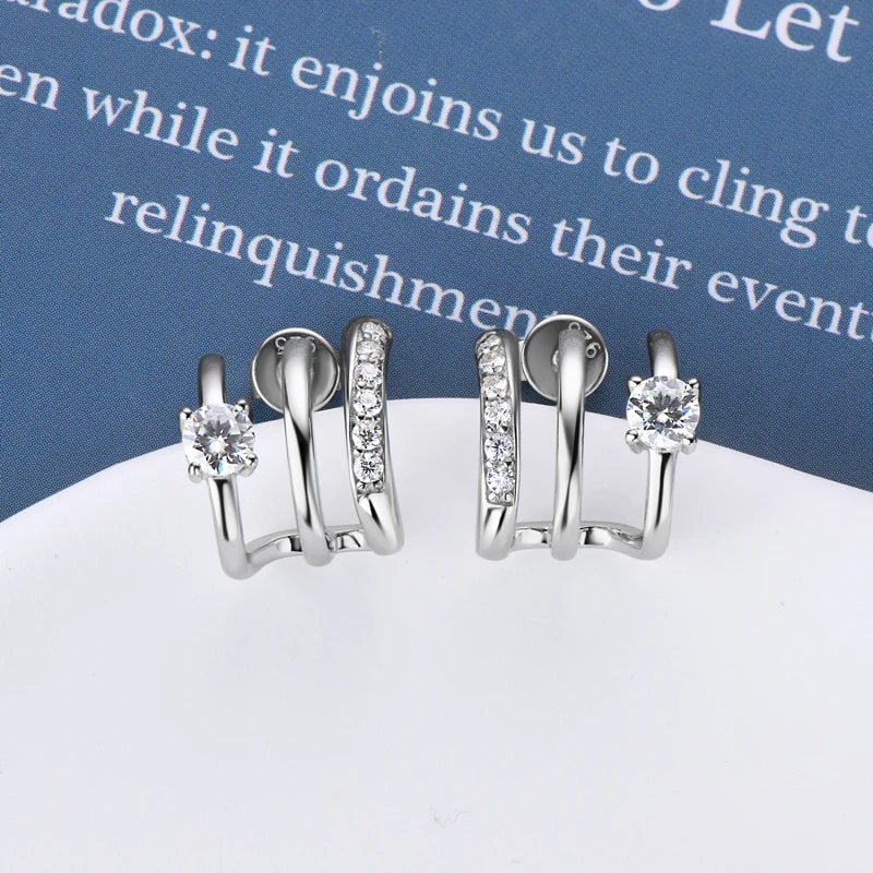 Triple Side Hoops Earrings Half Open Cuff Real 925 Silver Piercing Ear Moissanite Stud Earrings for Women Korean Jewelry