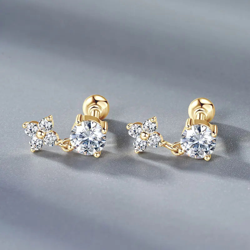 Pure Gold Earrings Lucky Clover Flower Moissanite Drop Stud Earrings 10K for Women Charm Wedding Jewelry & GRA Certificate