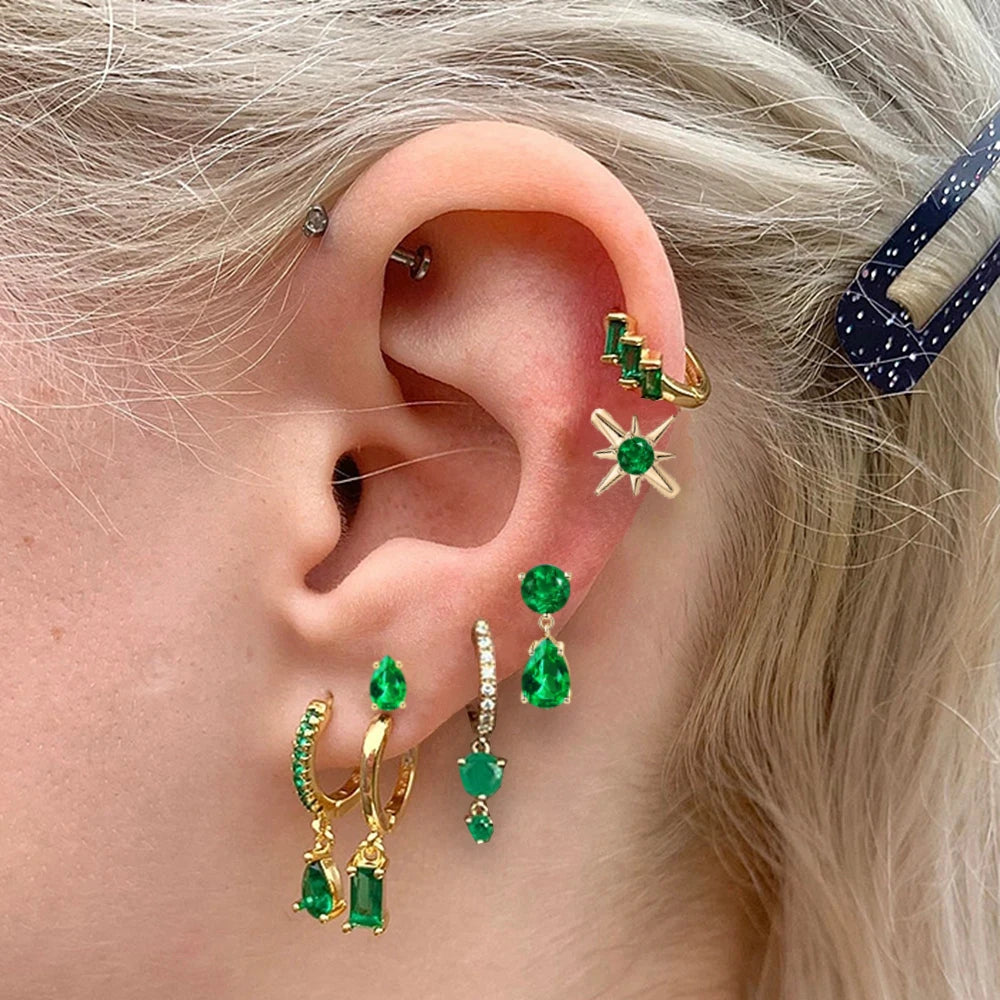 Emerald Cut Gemstone Drop Hoop Earrings for Women 925 Sterling Silver 14K Gold Plated Green Marqusie Round Cut CZ Stud Earrings
