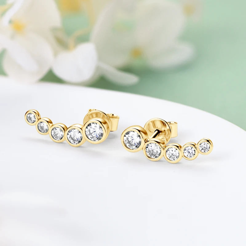 Trendy Bezel Round Moissanite Stud Earrings 925 Silver Plated Gold for Women Curved Earrings Fine Jewelry Valentine's Gift