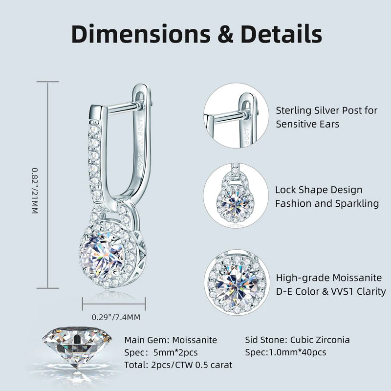 2024 Luxury Women's Hoop Earrings Real Silver 925 5mm Round Moissanite Drop Earrings Wedding Fine Jewelry Party Valentine Gift