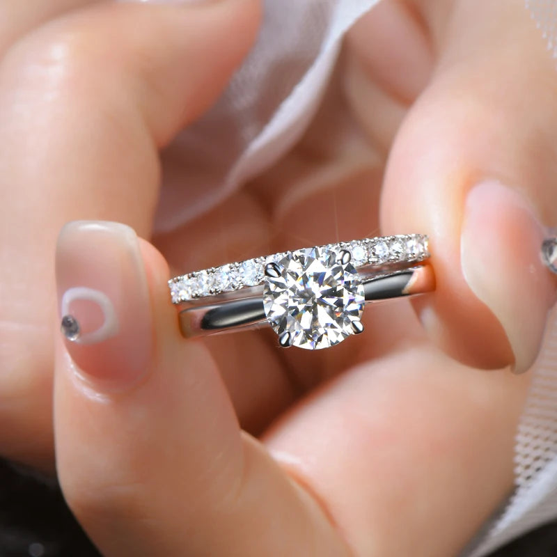 8mm 2.0ct Moissanite Wedding Ring Set Solitaire Diamond Engagement Ring Band for Women Full Eternity Band Girls 925 Silver
