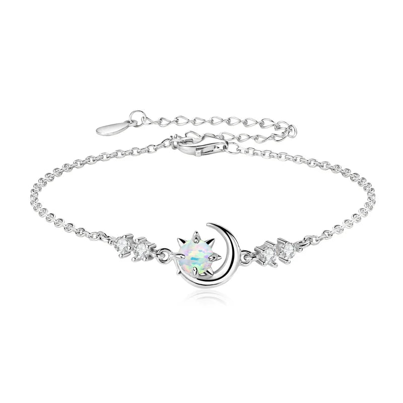 Fashion White Opal Sun and Moon Bracelet Real 925 Silver Chain Bracelets for Women with 5A Zircon New Year Christmas Gifts