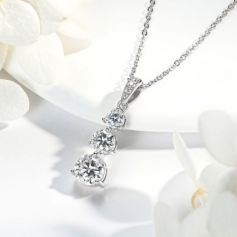 Real Certified Gradual Three Stone Moissanite Pendant Necklace 100% 925 Silver for Women Luxury Wedding Anniversary Jewelry Gift