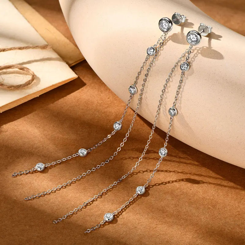 925 Silver 5mm 3mm Moissanite Earrings 10-11.5cm Long Tassel Double Chains Drop Earring for Women Valentine Jewelry Gifts