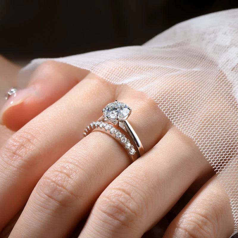 8mm 2.0ct Moissanite Wedding Ring Set Solitaire Diamond Engagement Ring Band for Women Full Eternity Band Girls 925 Silver