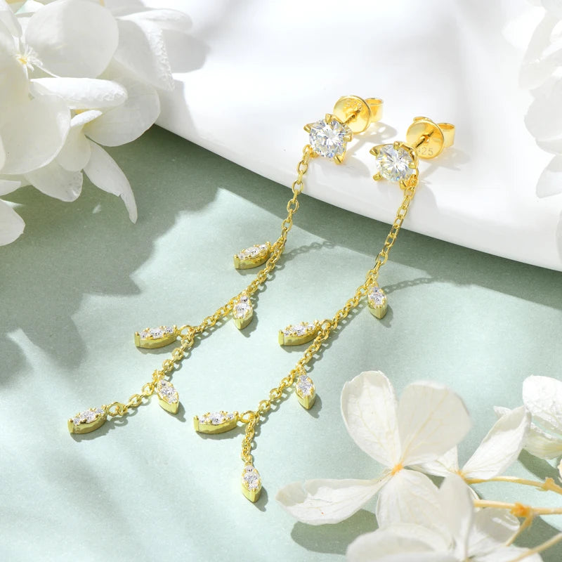 Leaf Dangle Long Drop Earrings Silver 925 for Women Real Moissanite Chandelier Earrings Wedding Jewelry Korean Accessories