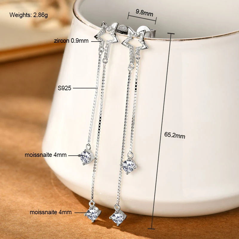 Long Tassel Star Moissanite Pendant Earrings for Women S925 Silver Chain Dangle Drop Earrings Studs GRA Certified Jewelry