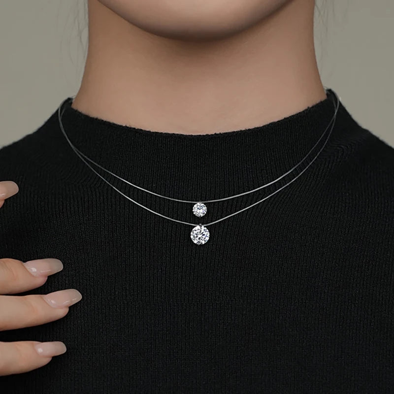 925 Silver 8mm 2ct Moissanite Pendant Necklace for Women Jewelry Adjustable Invisible Fish Line Chain Collar 1ct 0.5ct Diamond