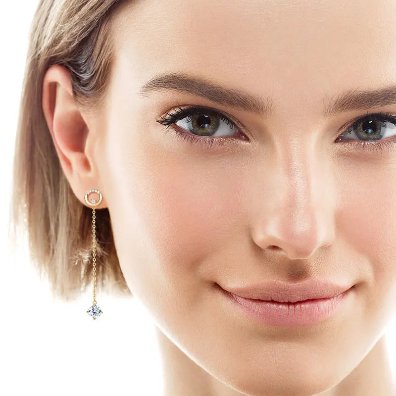 6.5mm 1.0ct D Moissanite Drop Earrings for Women 925 Silver Circle Stud Long Chain Dangle Earrings GRA Certified Jewelry