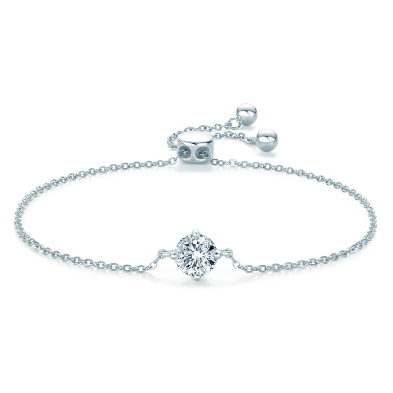 Solitaire 1CT 6.5mm D Color Moissanite 925 Silver Chain Bracelet Hand Jewelry for Women Adjustable Bracelet Christmas Gift
