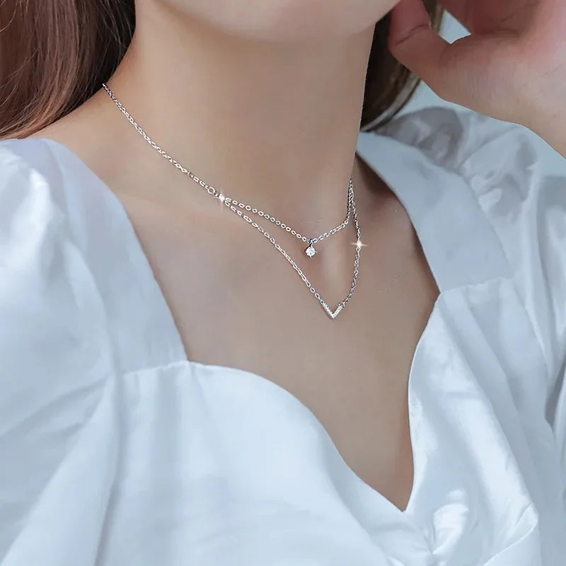 V Letter 5mm Moissanite Pendant Double Layer Necklace for Women 925 Sterling Silver Chain Clavicle 2025 New Jewelry Gifts