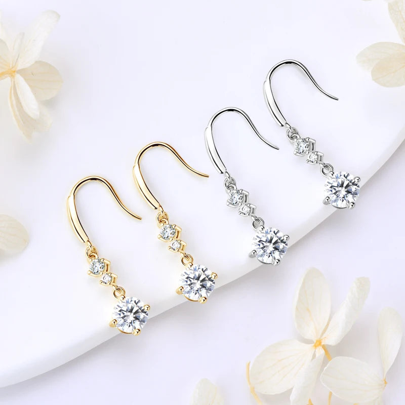 New D1.13CT Moissanite Drop Earrings Silver 925 Gold Plated Wedding Hook Earrings for Women Jewelry with GRA Certificate