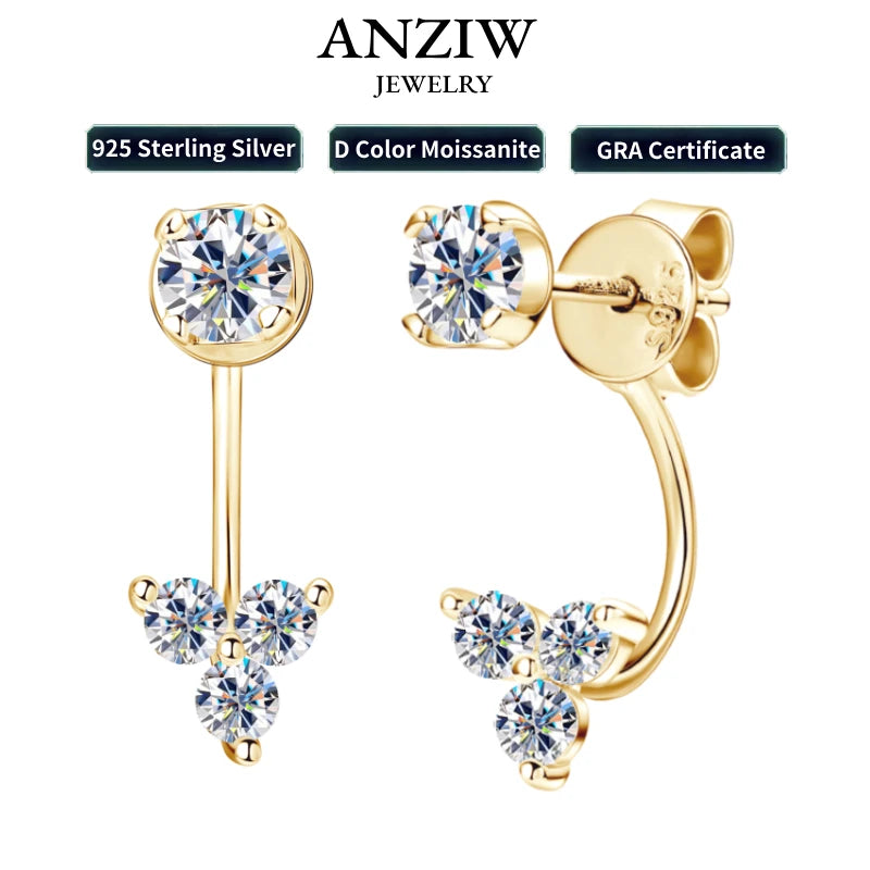 Dual Purpose Flower D Moissanite Drop Stud Earrings Real 925 Silver Front and Back Piercing Ear Jacket for Women Jewelry Gift